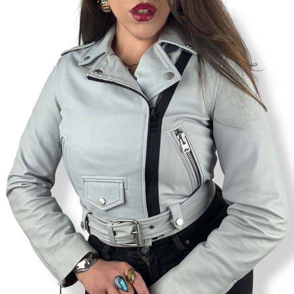 ALLSAINTS Jackets & Blazers - ALL SAINTS baby blue gray lamb leather BARON Biker motorcycle cropped jacket